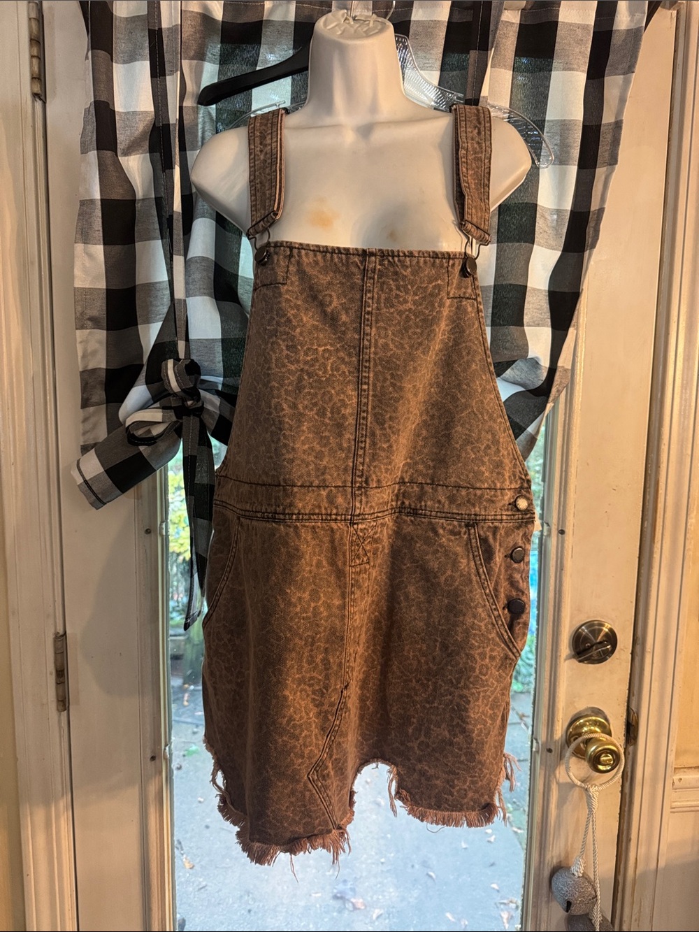 Free People Cheetah Print Frayed Denim Mini Overall Dress Size 12